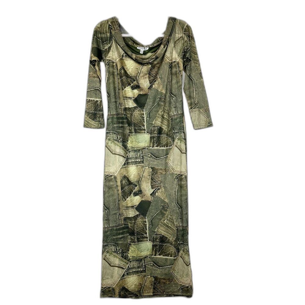 Pretty Garbage Patchwork Denim Mesh Midi Dress Size Large NWT Olive Green